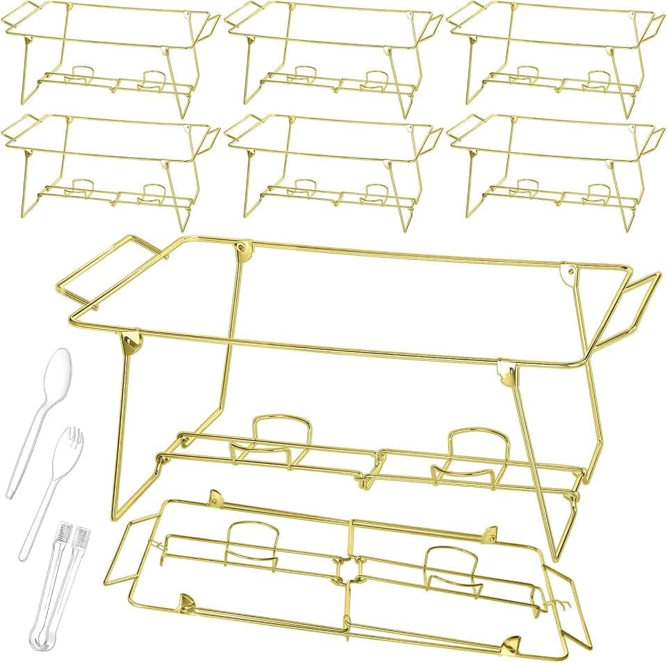 Geosar 32 Pack Wire Buffet Rack Stand Folding Chafing Stand Chrome Frame Serving Trays Food Warmer with Plastic Tongs Forks and Spoons for Christmas Thanksgiving Home Party Catering Supplies(Gold)