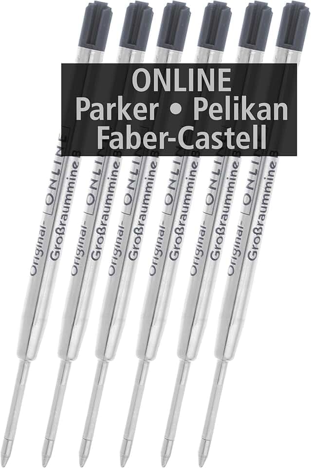 6x kompatible Parker Kugelschreiberminen G2-Format Strichstärke B (breit) von Online, auch für Pelikan, Faber-Castell etc, Internationale Standard Großraum Minen, dokumentenecht, Farbe schwarz