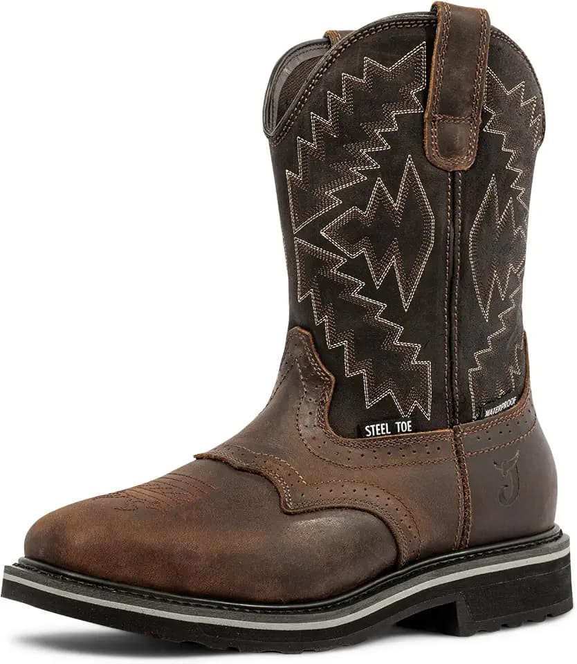 J's.o.l.e Steel Toe Work Boots for Men Waterproof Square Toe Cowboy Boots Durable Pull-On Safety Boots for Welding, Farming, Heavy Duty Jobs