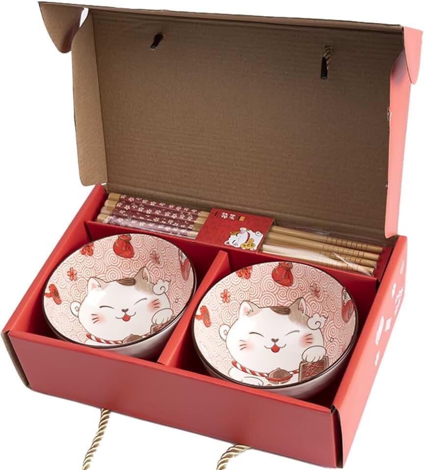Lachineuse – Maneki-Neko-Reisschalen-Set (2 Schalen) – mit Essstäbchen