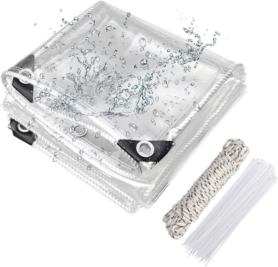 Transparente Plane mit ösen 420g/m² 3x3m, Abdeckplane Zeltplane Wasserdicht mit Seil und Kabelbinder, PVC Material Wetterfeste Plane zum Regenschutz für Pflanzen Gewächshaus Gartenmöbel