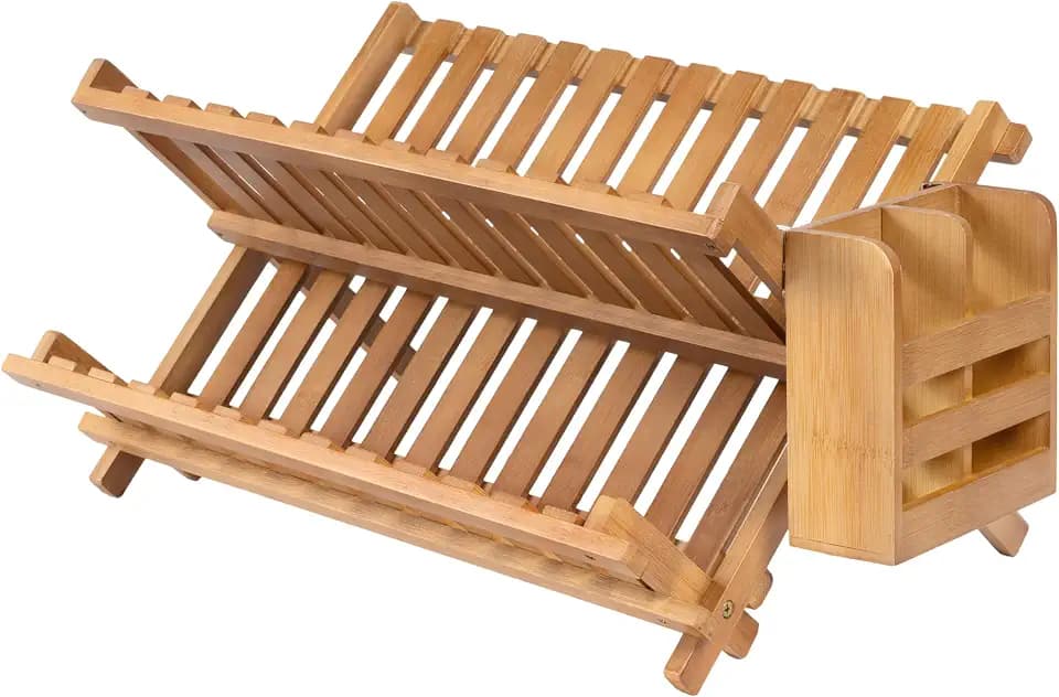 happimess Arlen Farmhouse Bamboo Foldable 2-Tier Dish Drying Rack, Brown