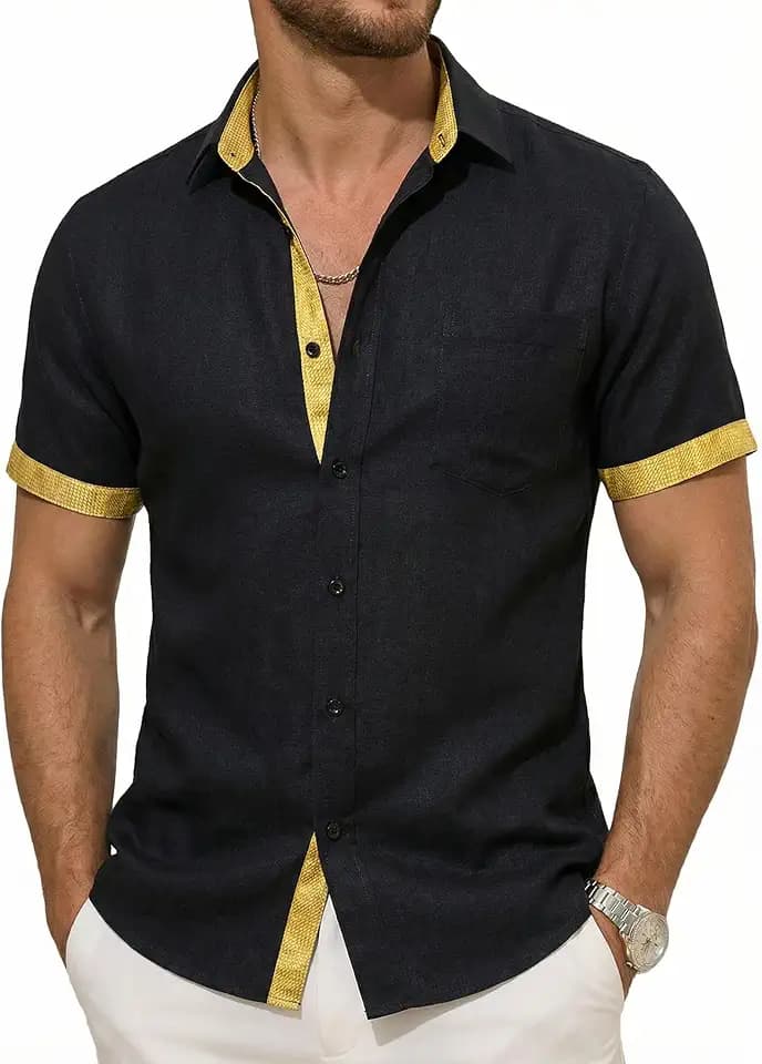 Barry.Wang Mens Linen Shirt Short Sleeve Breathable Casual Summer Shirts