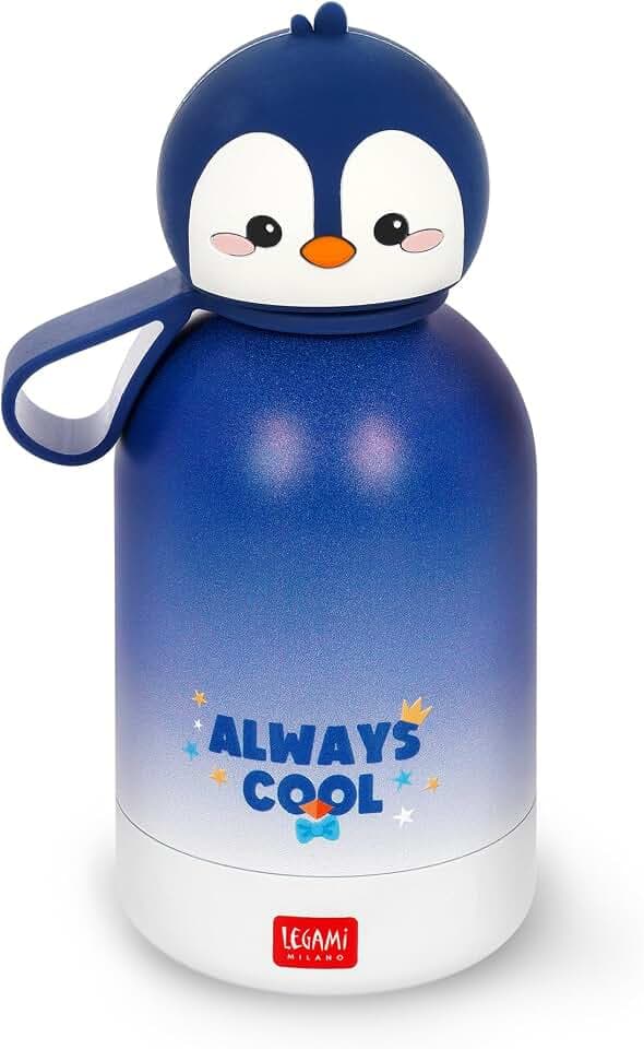 LEGAMI - Hot&Cold BFF Kinder-Wasserflasche, Penguin-Motiv, doppellagig aus 18/8 Edelstahl mit luftdichtem Verschluss, hält 12 h heiß und 24 h kalt, Fassungsvermögen 310 ml