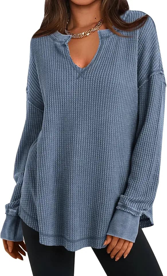 PRETTYGARDEN Womens Fall Fashion 2026 Waffle Knit Long Sleeve Tunic Tops for Women Loose Fit Dressy Casual V Neck Shirts