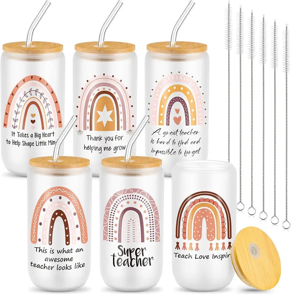 Pinkunn 6 Set Teacher Appreciation Week Gifts for Women Thank You Teacher Practitioner Birthday Gifts Glass Cups 16oz with Lids Straws Brushes, 6 Styles(Colorful Rainbow)