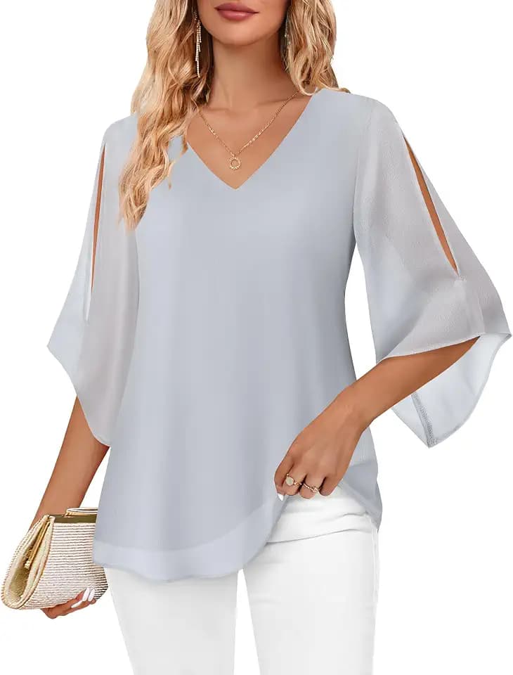 Bebonnie Womens Ruffle 3/4 Sleeve V Neck Double Layers Chiffon Blouses Dressy Tunic Tops