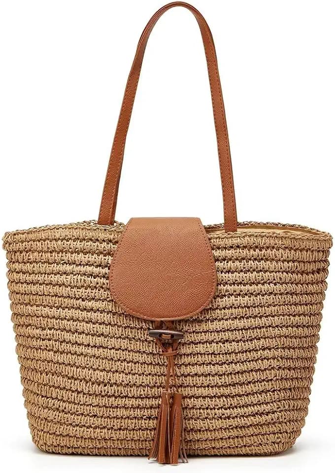 Summer Hand-woven Straw Shoulder Bags for Women Large Woven Beach Tote Purse Vacation Top Handle Handbags with Tassel