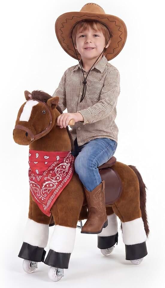 VEVOR Reitpferd auf Rollen 76cm, 50kg Belastbares Stehpferd mit Soundfunktion, Spielpferd mit Erhöhtem Sitz Griffen & Pedalen, Braunes Schaukelpferd zum Draufsitzen & Reiten für Kinder von 3-6 Jahren