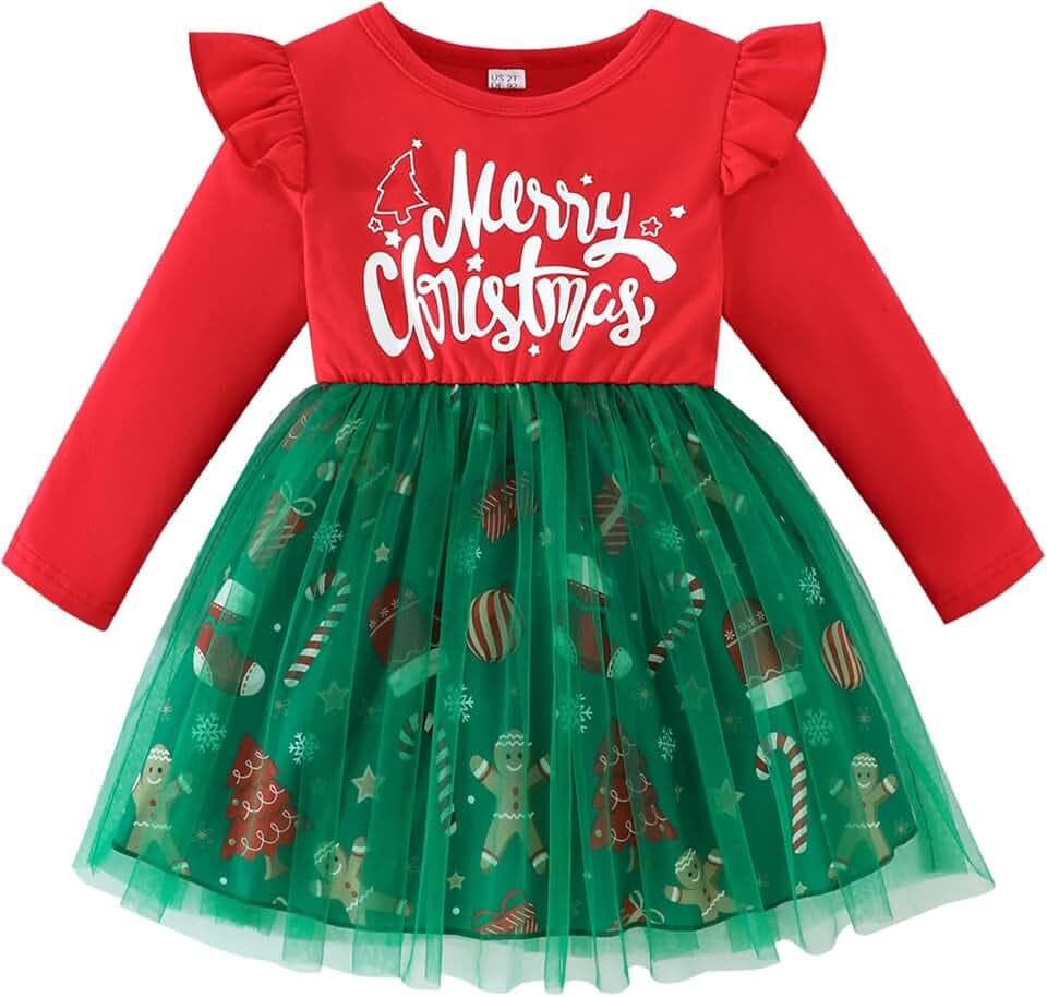Weihnachtskleid für Mädchen Prinzessin Langarm Tutu Kleider Weihnachtsoutfit Kleinkind Langarm Weihnachten A-Linie Kleid 1-7 Jahre