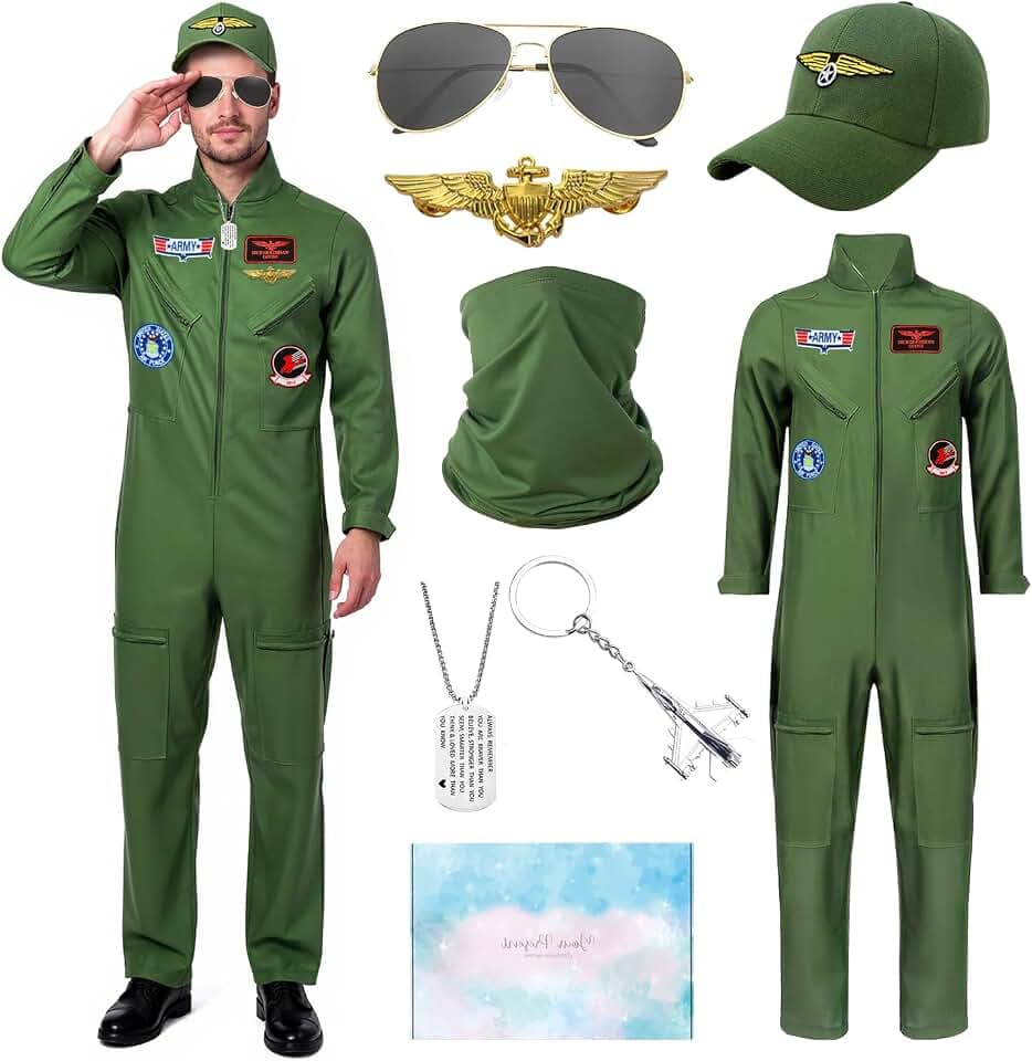 Pilot Kostüm Herren, Flieger Kostüm mit Piloten Mütze Brille,XL