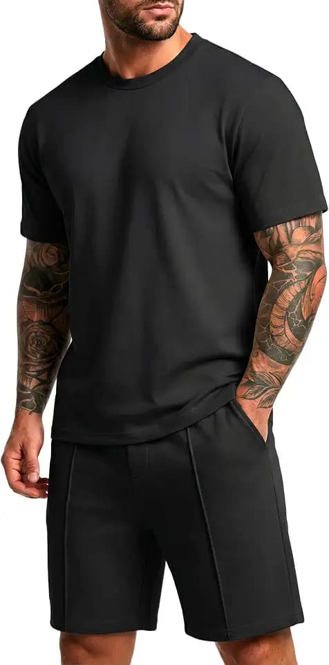 QIXING 2-Teiler Herren Sommer Outfit Kurz Trainingsanzug Hemd & Shorts Set Freizeitanzug mit Taschen Kurzarm