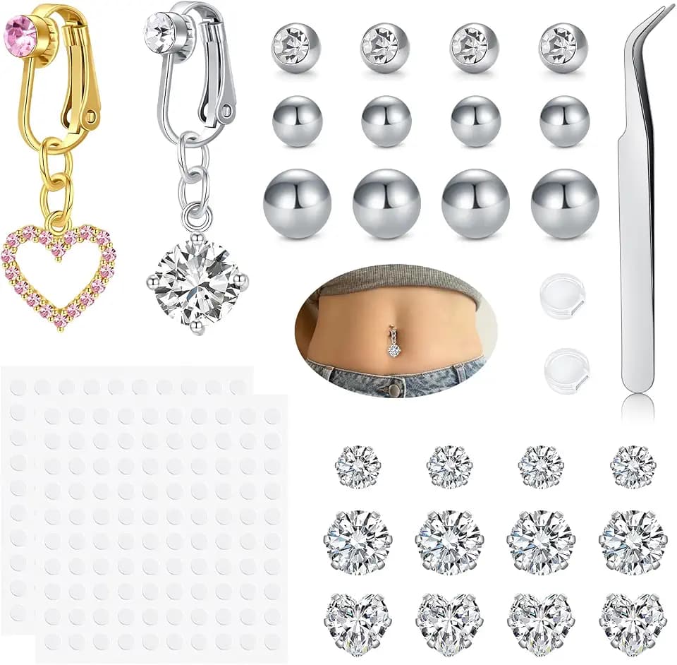 QWALIT Gold Fake Belly Piercing Cubic Zircon Butterfly Clip on Belly Button Rings Stick on Navel Ring Studsnon Piercing Fake Piercing Jewelry Pink Heart Silver Sticky Balls no Pierced