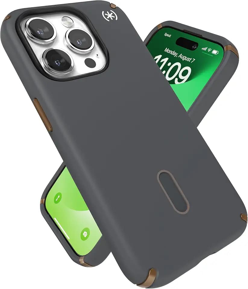 Speck iPhone 15 Pro Case - ClickLock No-Slip Interlock, Built for MagSafe, Drop Protection - Scratch Resistant, Soft Touch, 6.1 Inch Phone Case - Presidio2 Pro Charcoal Grey/Cool Bronze/White