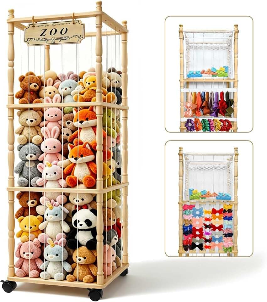 Stuffed Animal Storage Organizer with Wheels - 54" Tall Wooden Roman Column Zoo Shelf Unit, Mesh Pockets & Hooks for Plush Display and Room Decor