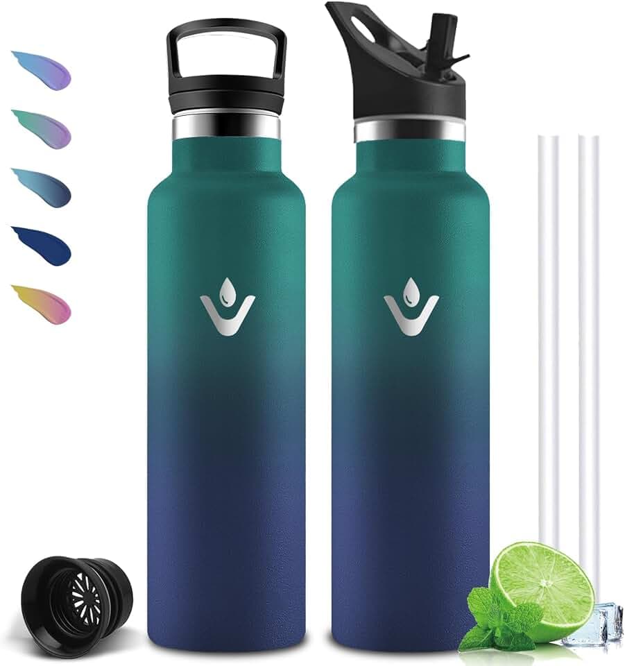 Trinkflasche Edelstahl, Trinkflasche 1l, BPA-Frei, Flasche mit Strohhalm, Isolierflasche Doppelwandig, Kohlensäure Geeignet, Wasserflasche für Wandern, Fitness, Camping, Reisen, Yoga