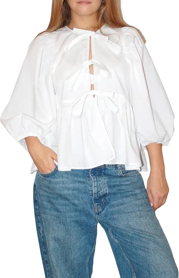 Loalirando, Y2K, Damenbluse mit 3/4-Puffärmeln, Rundhalsausschnitt, Schnürung vorne, Rüschenhemd, Tops, Damen, vorne offen, Schößchen, Mode, Streetwear