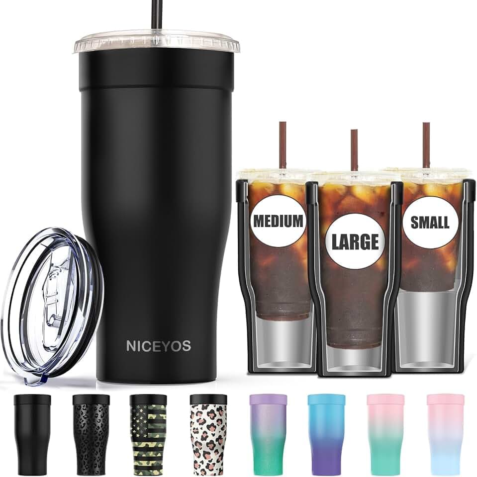 Universal Iced Coffee Sleeve - Niceyos Upgraded Double Wall Reusable Stainless Steel Holder Sleeves Insulator for Cold Drinks Fits Starbucks Dunkin Donuts McDonalds Small Medium Large Cups (Black)