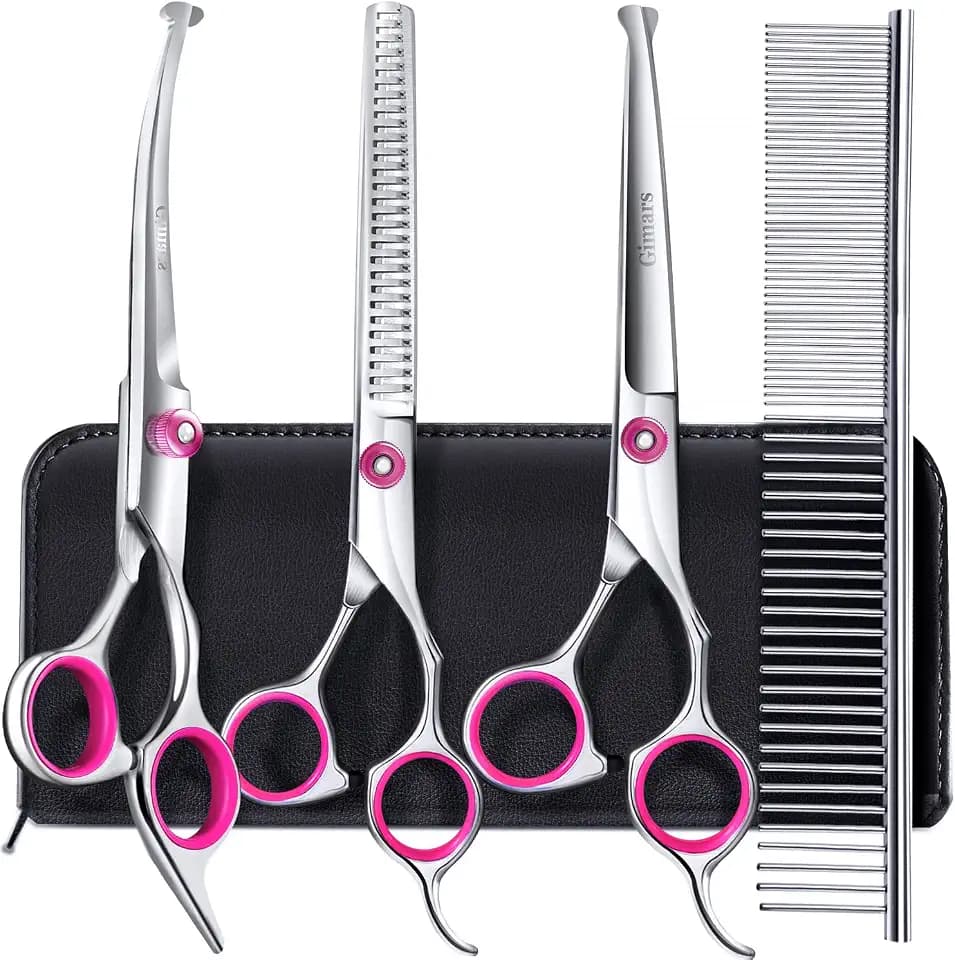 Gimars Hundepflegescheren-Set, professionell, 4CR, mit runder Sicherheitsspitze, 5-in-1-Hochleistungsschere mit Titanbeschichtung und gebogener und gerader Schere
