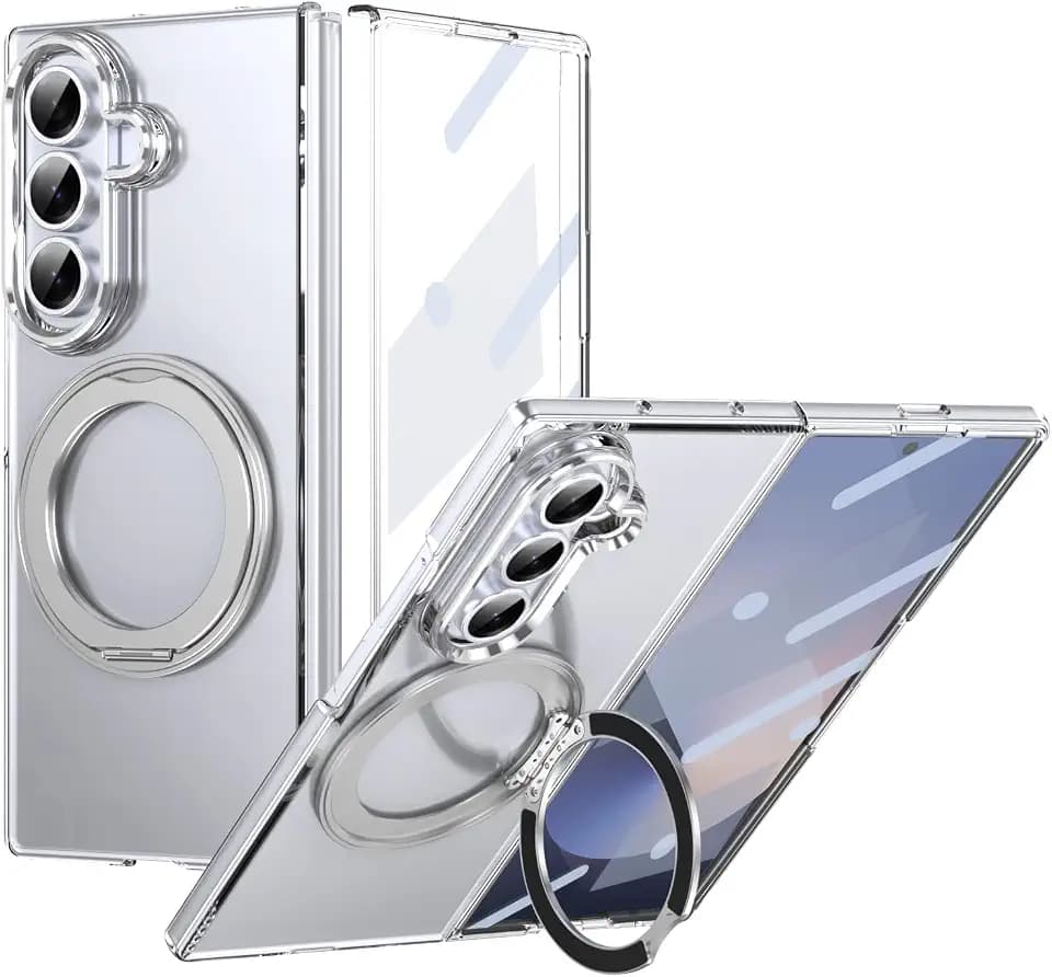 for Samsung Galaxy Z Fold 7 Case with Magnetic Ring Holder, 360 Rotating Bracket, Built-in Front Screen Len Protector, Anti-Yellowing & Anti-Fingerprint Crystal Clear Case.(Silver)