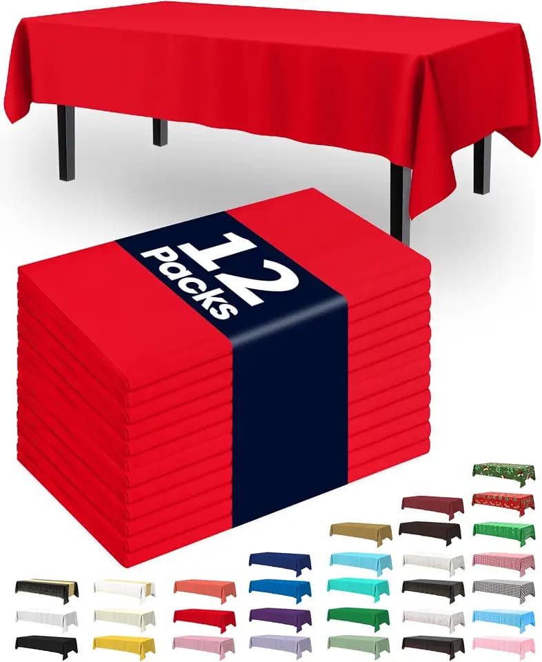 Pureegg Plastic Table Cloth Disposable 12 Pack, 54 x 108 Inch Table Cloths, Valentines Day, Thanksgiving, Christmas Decorations, Fall Tablecloths, Rectangle, Plastic Cover, Leakproof & Sturdy, Red