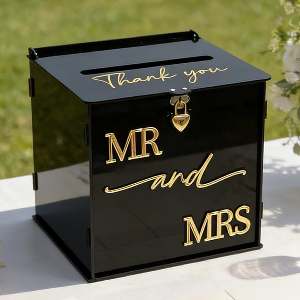 Black Acrylic Card Box with Lock, DIY Wedding Card Boxes for Reception with Mr and Mrs 3D Pop Out Text, Envelope Money Gift Cards Box for Party Wedding Graduation Bridal Shower Table Decor