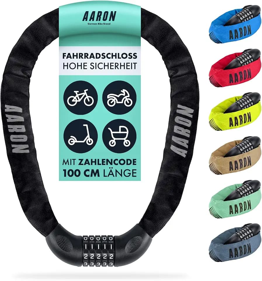 AARON Lock One Fahrradschloss mit 5-stelligem Zahlencode, Kettenschloss aus Stahl und hoher Sicherheitsstufe, Schloss für für E-Bike, Mountainbike, Trekkingrad, Tourenrad, Rennrad in schwarz