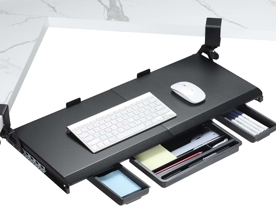 ETHU Tastaturablage unter dem Schreibtisch 680 x 300 mm, Ausziehbare Tastaturablage mit 180° Verstellbarer C-Klemme für L-förmigen Schreibtisch, Computer-Tastaturständer für Zuhause und Büro, Schwarz