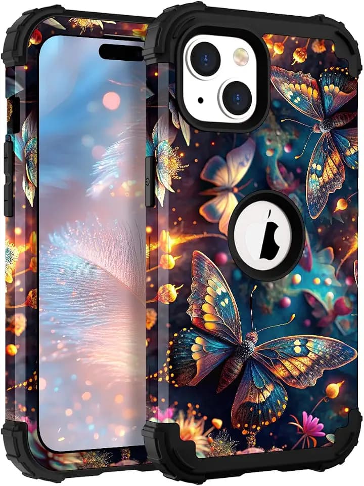 TEECOVER Heavy Duty Case for iPhone 15 Plus, Blue Butterfly