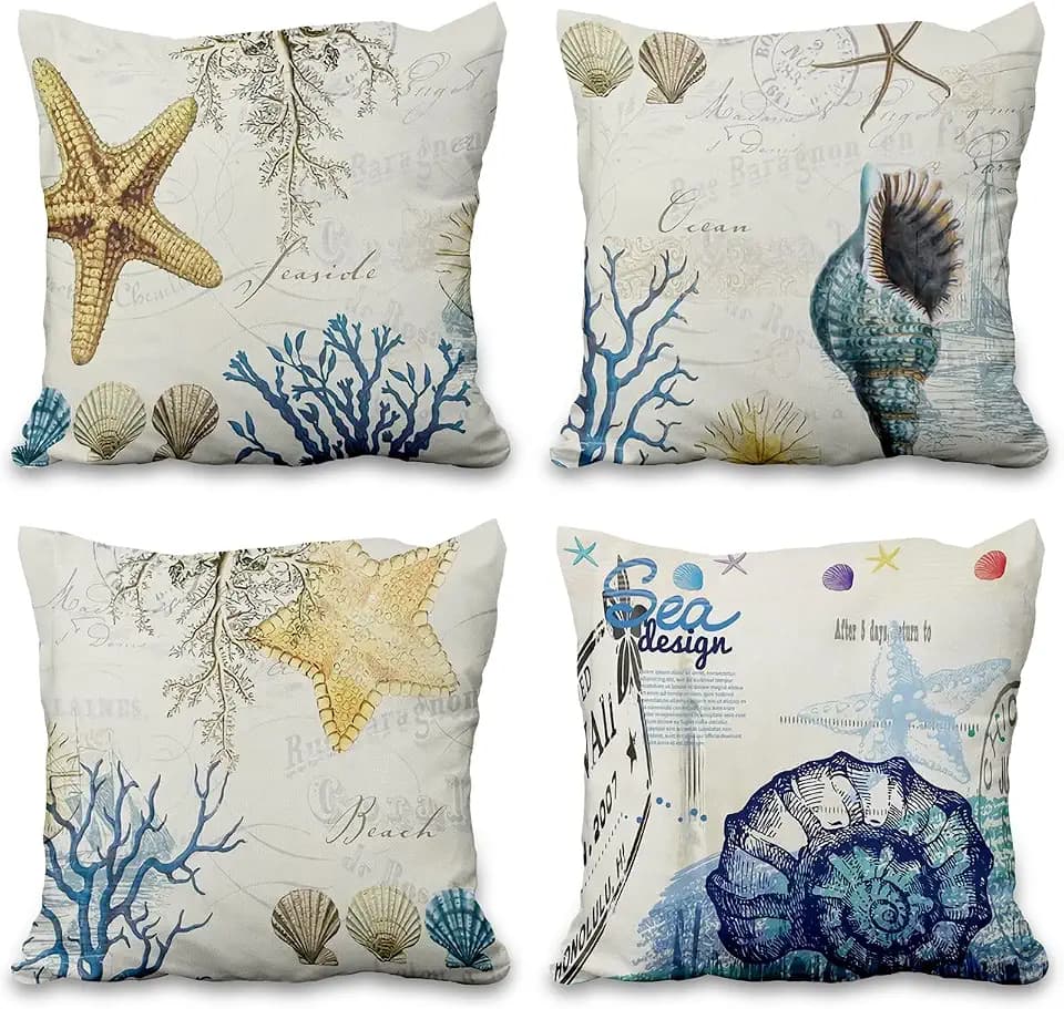 Aoihrraan 46x46cm 4er Set Dekorativ Ozean Thematisiert Kissenbezug Strand Muschel Seestern Koralle Zierkissenbezug Quadratische Couchkissen Sommer Schlafzimmer Wohnzimmer Draussen Garten Sofa Auto