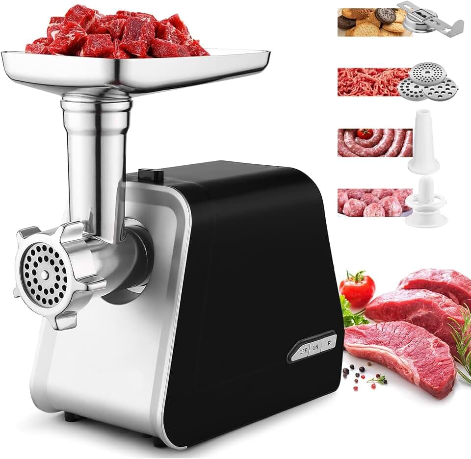 Nictemaw Fleischwolf Elektrisch, 5 in 1 Multi Küchenmaschine Gemüsehobel Wurstmaschine mit 3 Lochscheiben, 4 Kegel-Klingen, Wurstfüller und Gebäck Aufsatz