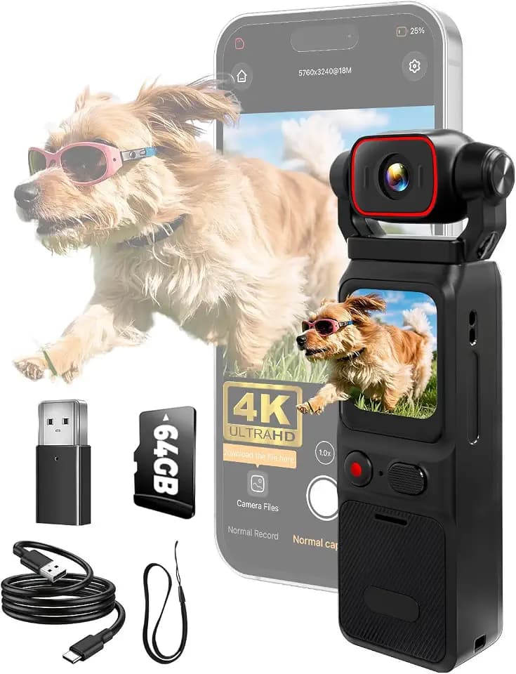 4K Vlogging Camera (WiFi & 64GB Card), POV Camera with 3000mAh Battery, 1.69" Display, 6-Axis Stabilizer & EIS, IP65 Waterproof, 150° Wide-Angle Body Cam, Pocket Handheld Cam for Travel