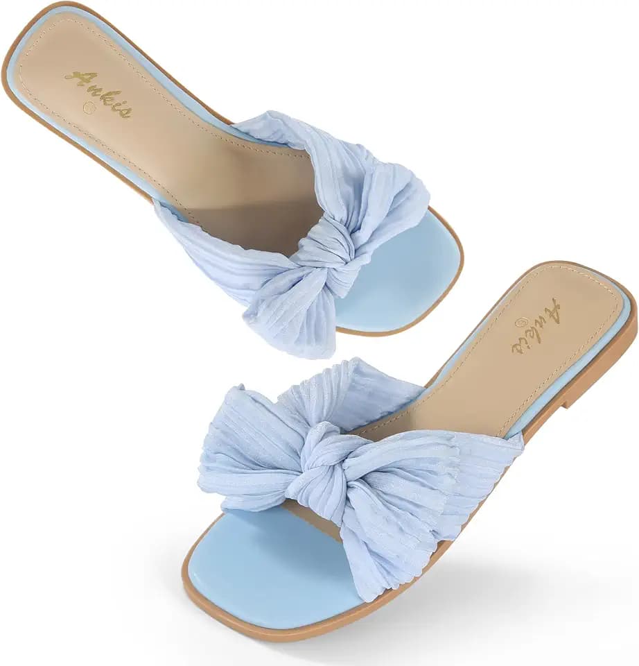 Women's Pleated Bow Flat Slides, Square Open Toe Dressy Comfort Sandals