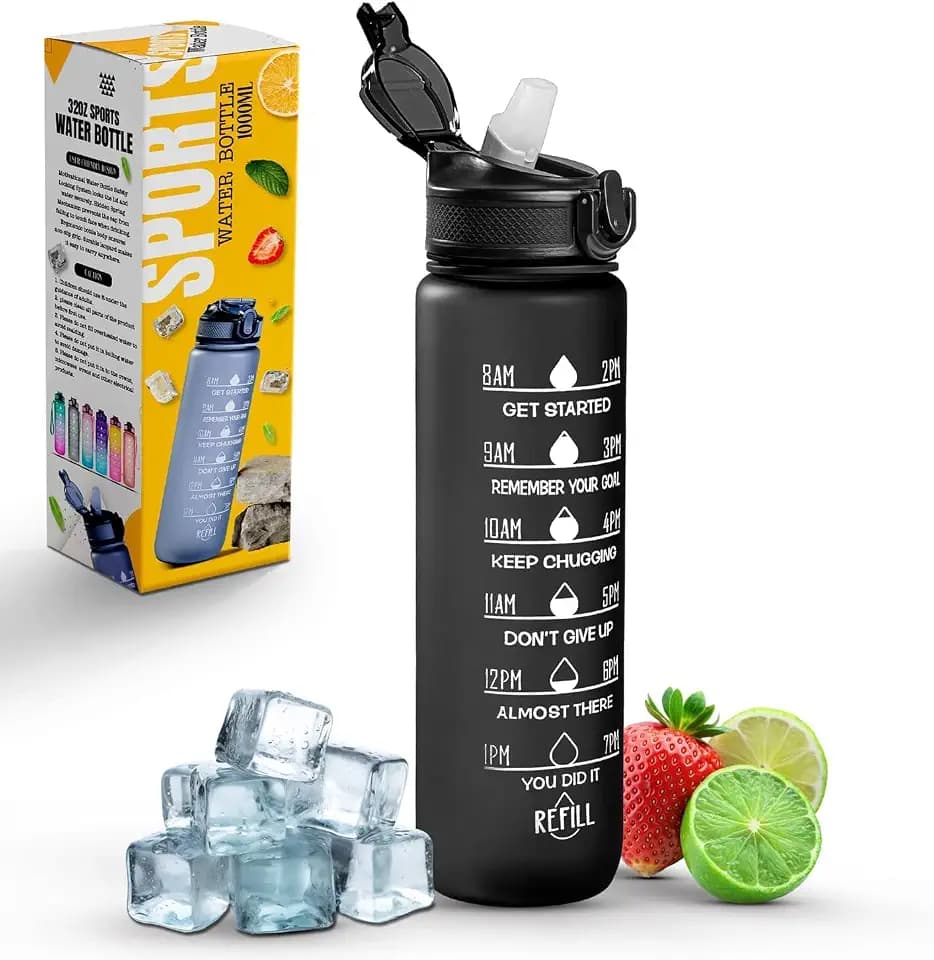 Roe Tenpo Trinkflasche 1L, Sport Trinkflasche mit Strohhalm & Zeitmarkierung, Tritan Wasserflasche BPA-frei, auslaufsicher – Sport Flasche für Fitness, Gym, Outdoor, Fahrrad & Schule