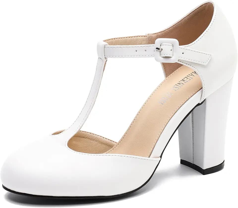 Women's T-Strap Mary Jane Pumps, Chunky Heel, Vintage Style, Cut Out, 3.54 Inch Round Toe Dress Shoes