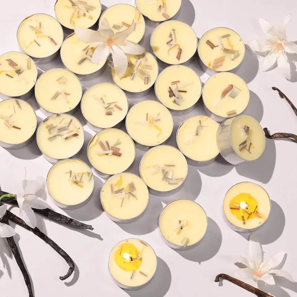 Vanilla Scented Tea Lights Candles 25 Pack, 100% Soy Wax Yellow Scented Tealights with Dried Flowers, 6 Hour Long Burn Time, Relaxing Aromatherapy Candles Gift for Home, Spa, Yoga