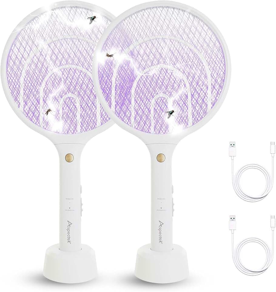 ASPECTEK 2er Set Elektrische Fliegenklatsche, 3000 V Elektro Mückenklatsche und UV Mückenlampe mit USB-Ladekabel, Stabile Basis gegen Fliegende Insekten，für Indoor Küche Gärten