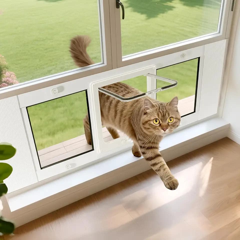 Cat Door for Window, Fits 27"-32" Width Windows, Quick-Fit Pet Door Window Insert, 4 Locking Mechanisms, Magnetic Closure Window Cat Doors Safety & Weatherproof