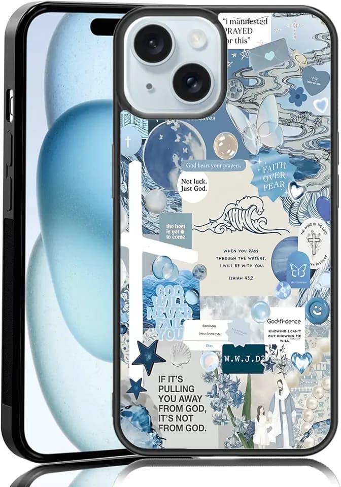 Classic Religious Sayings Christian Phone Case Fit for iPhone 15 — TPU Blue Aesthetic Cross God Jesus Phone Cover Gift for Boy Girl Men Women