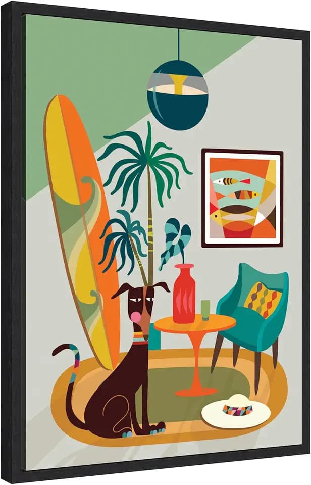 Kate and Laurel Mid Century Modern Dog Beach Home Framed Canvas Wall Art by Rachel Lee 18 x 24 Sylvie Black, Mid Century Modern, Abstract, Beach, Animals Art for Wall Decor, Living Room, Bedroom