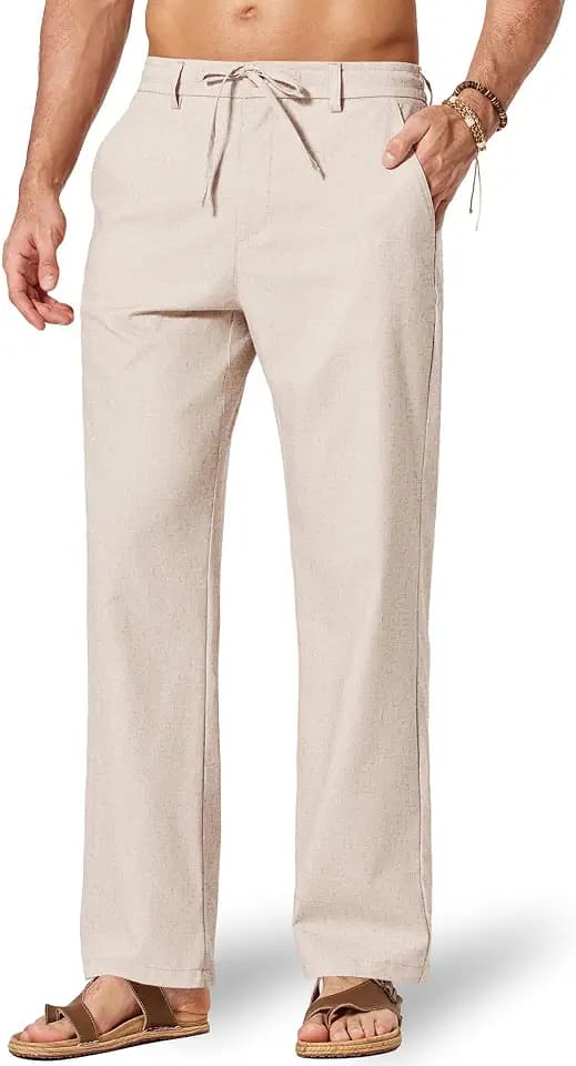 COOFANDY Men's Cotton Linen Pants [Relaxed Fit ] Casual Drawstring Dress Pants Beach Summer Lightweight Trousers