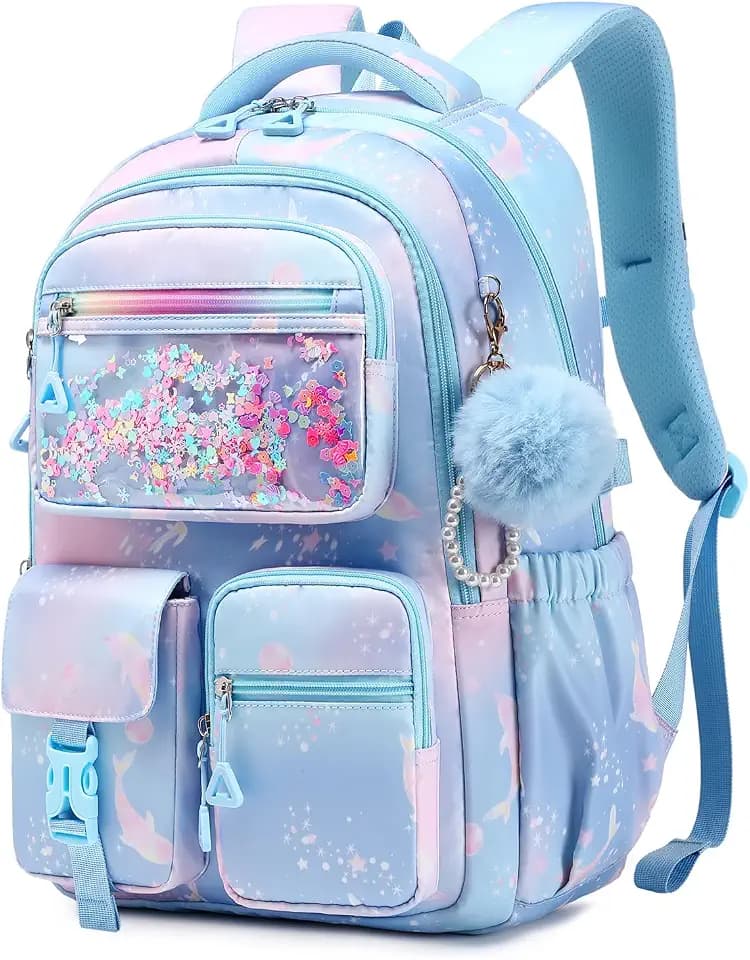 Girls Backpack,School Bag for Kids,Primary,Elementary,teen ages 6-15 Girls Bookbag,Students Kawaii Backpack Blue dolphin