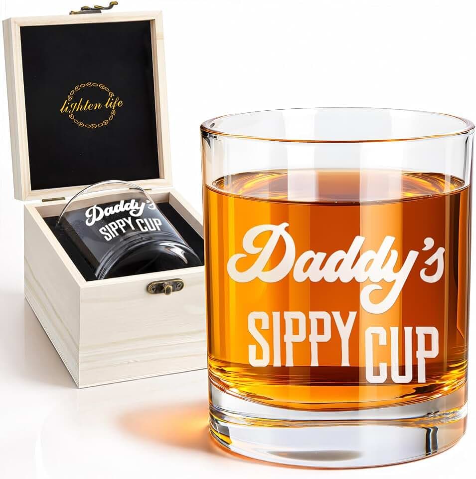 LIGHTEN LIFE Daddy's Sippy Cup Whiskey Glass 12 oz,Unique Dad Gift in Valued Wooden Box,Funny Gag Gift for New Dad,Father,Husband from Kids Wife for Father's Day,Birthday,Christmas