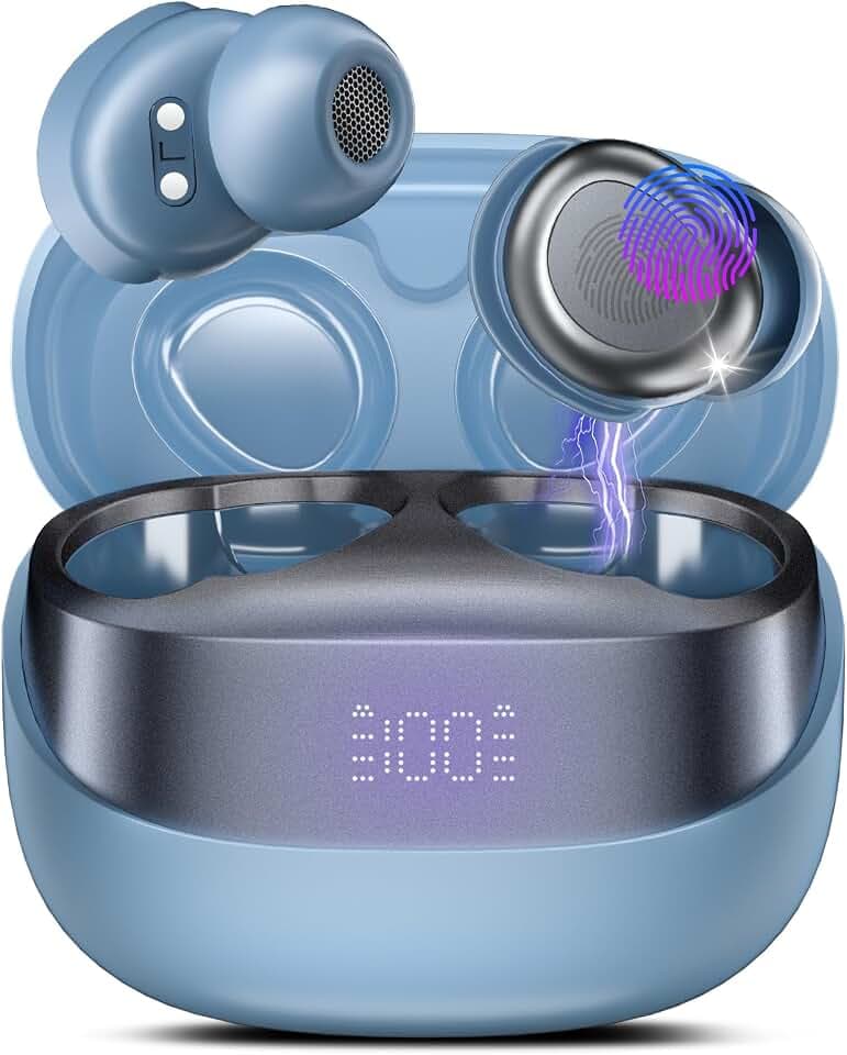 Bluetooth Kopfhörer, Mini In Ear Kopfhörer Kabellos Bluetooth 5.4 Stereo HiFi Immersiv, 47Std Spielzeit Schlafkopfhörer mit Passiver Geräuschmaskierung, LED-Anzeige, IP7 Wasserdichte Ohrhörer Blau