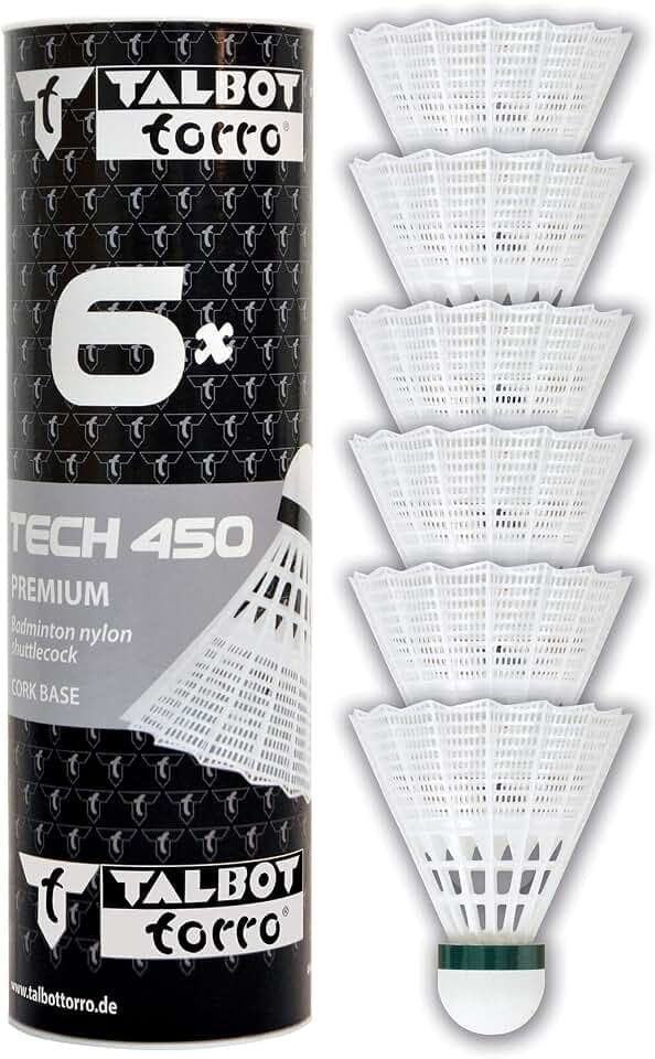 Talbot-Torro Tech 450 Badmintonbälle - 6er Dose, verschiedene Farben/Geschwindigkeiten wählbar (weiß/gelb, Geschwindigkeiten: langsam, mittel, schnell), Premium-Nylonfederball für Indoor & Outdoor