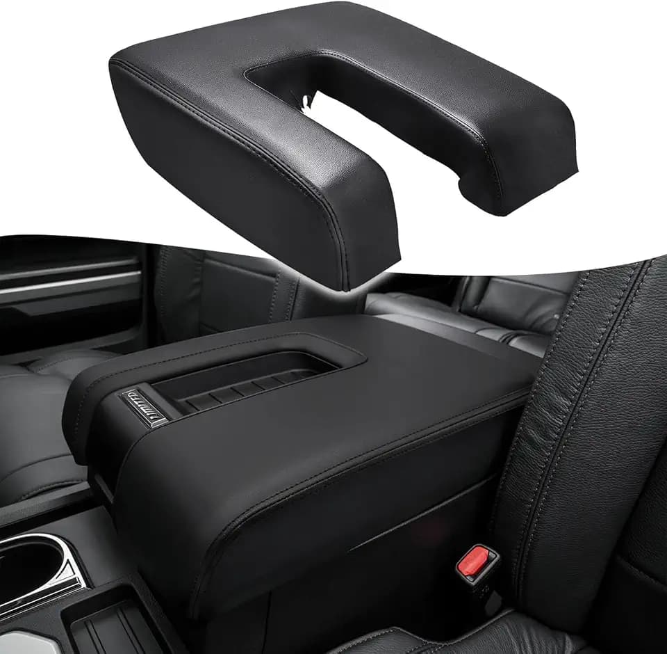 Car Center Console Cover Replacement for Toyota Tundra 2014 2015 2016 2017 2018 2019 2020 2021, Vinyl Leather Armrest Uhpholstery, Anti-Scratch, Black (Leather Part Only)