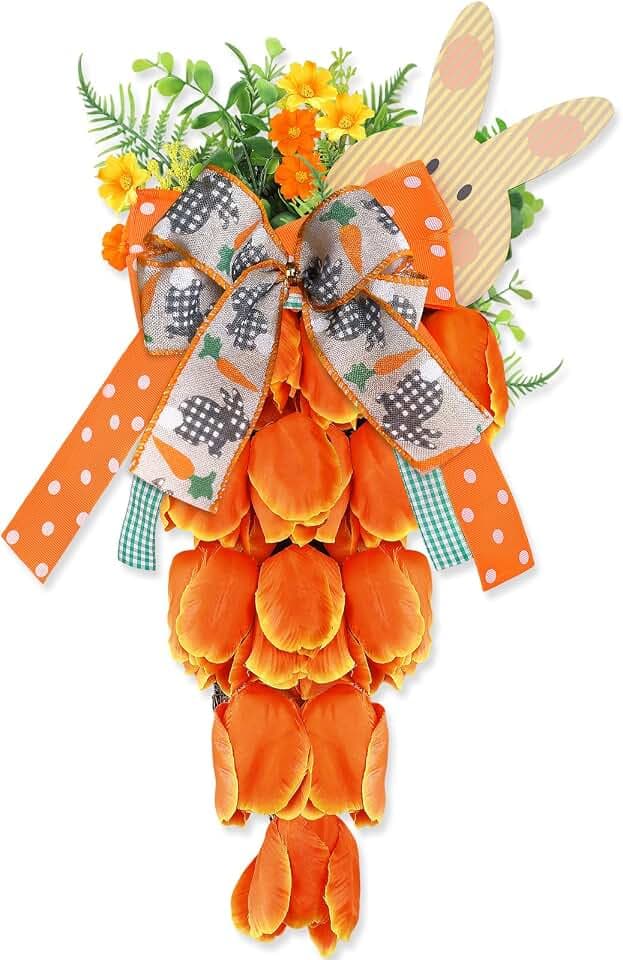 19 Inch Tulip Wreath for Front Door, Artificial Spring Wreath Swag with Bunny Sign, Easter Door Decoration Spring Decor for Window Wall Farmhouse Home