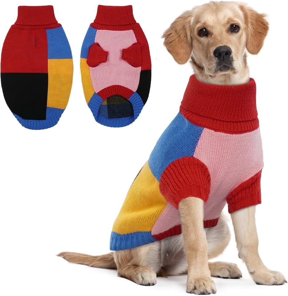 Hundepullover für mittelgroße Hunde | gestrickter Hunde Pullover warm für Winter mit Geschirrloch und Rollkragen | gemütlicher Hundepulli für Weihnachten | Border Collie, Rainbow Pop XL