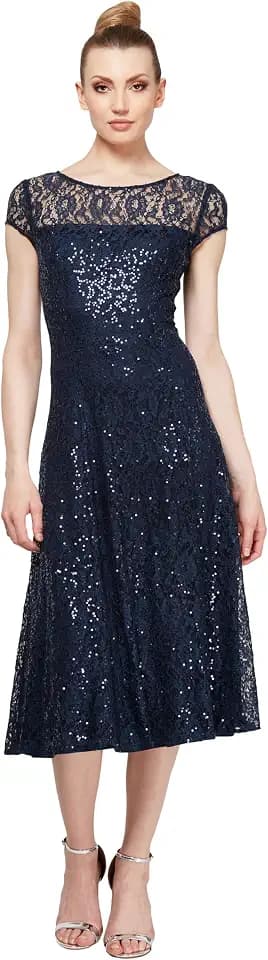 S.L. Fashions Women's Sequined Lace Midi Dress (Petite and Regular Sizes)