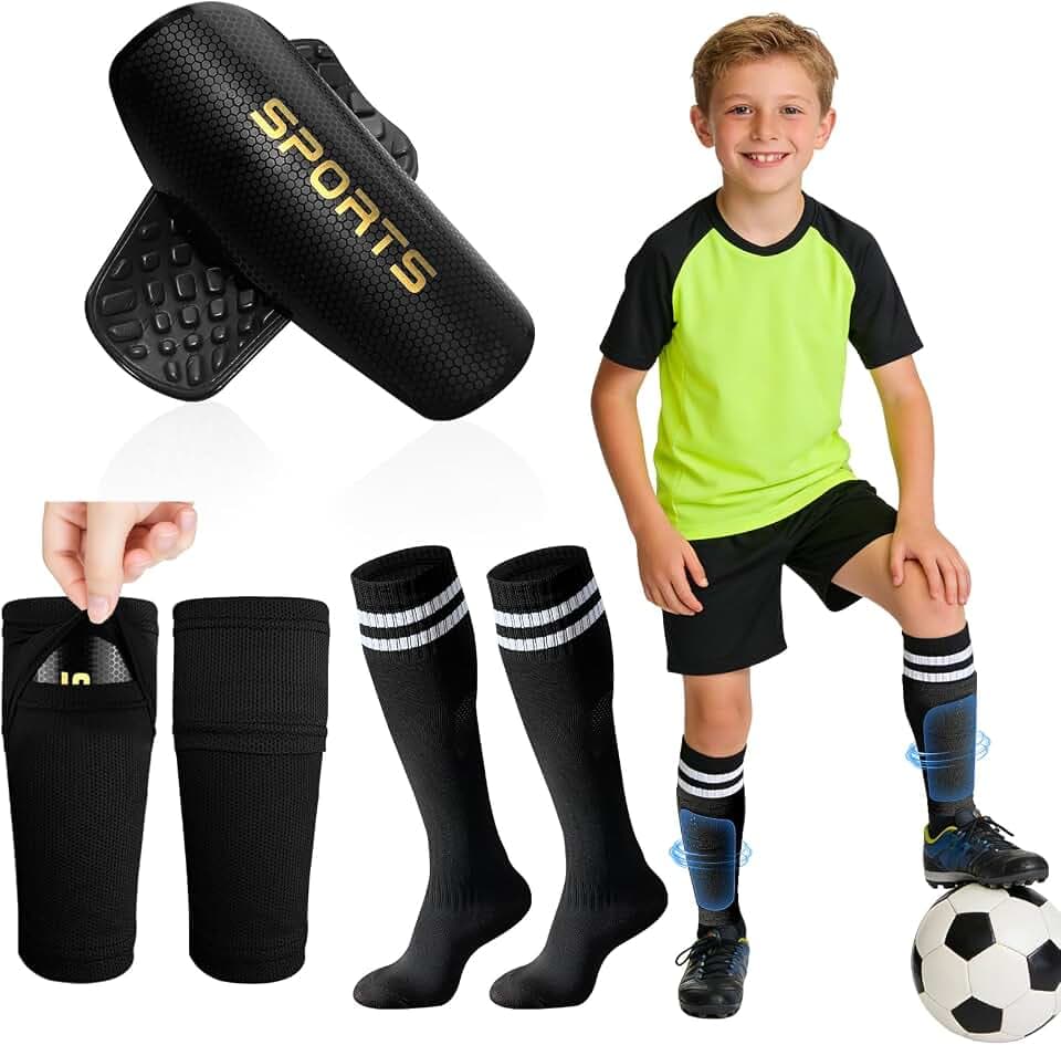 Soccer Shin Guards for Kids, Youth and Adults, Includes Optimized Pocketed Shin Guard Sleeves & Grip Socks - Protective Soccer for Boys and Girls Aged 3-15